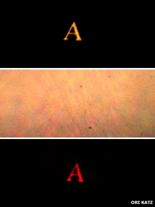 The letter A with no scattering (top), behind scattering plastic (centre) and re-imaged with the new technique