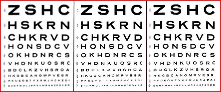 Picture of an eyechart - the left chart has been sharpened using bicubic intrpolation, while the right chart is from the Weizmann super-resolution algorithms - the center chart is the full-resolution original chart (Photo: Weizmann Institute of Science)